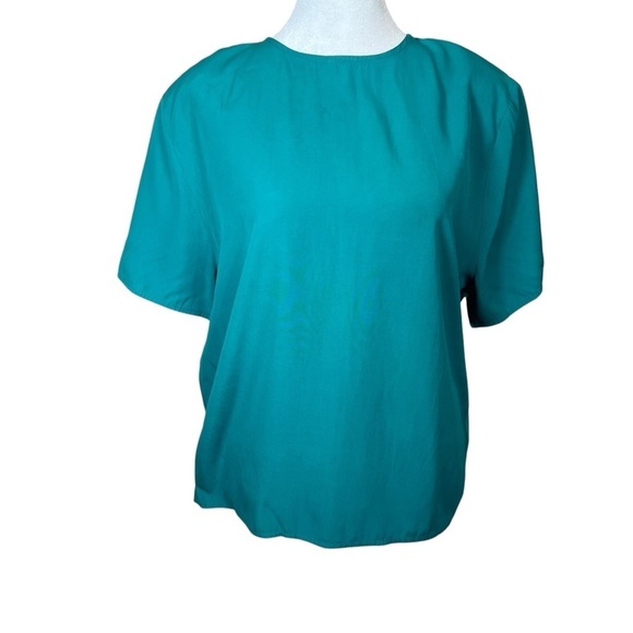 Vintage Laura Winston Teal Boxy Short Sleeve Blouse Top Size Large Satin 90s - Picture 4 of 9